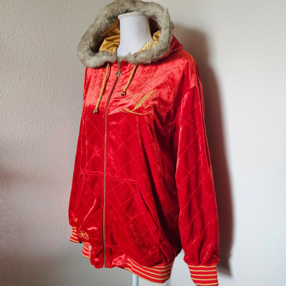 LRG L Of Opulence Red Velvet Quilted Zip Up Hoodie Faux Fur Trim